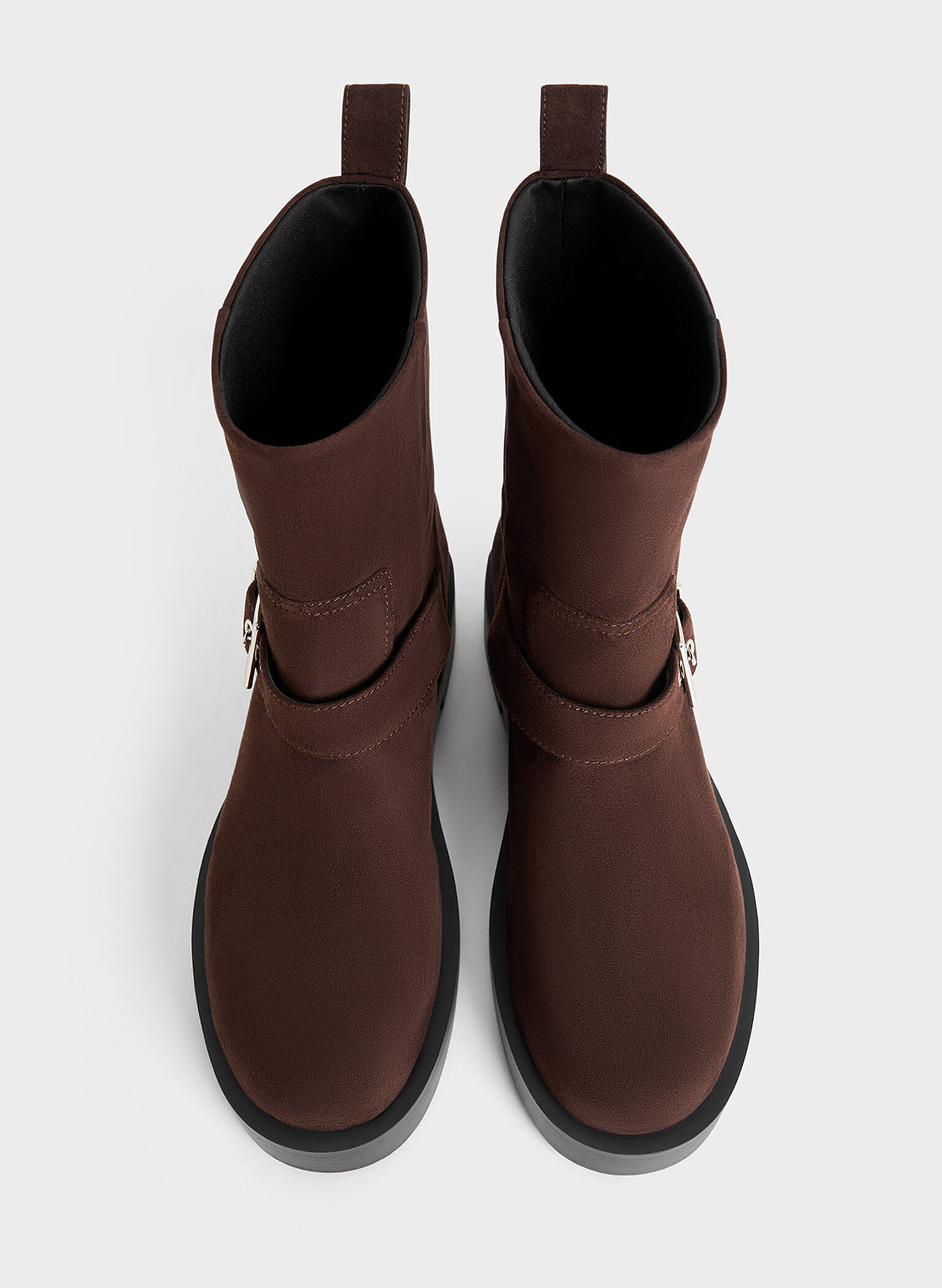 Faux Suede Buckle-Strap Biker Boots, Dark Brown, hi-res