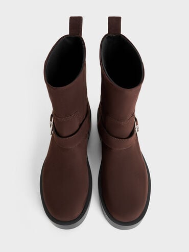 Faux Suede Buckle-Strap Biker Boots, Dark Brown, hi-res