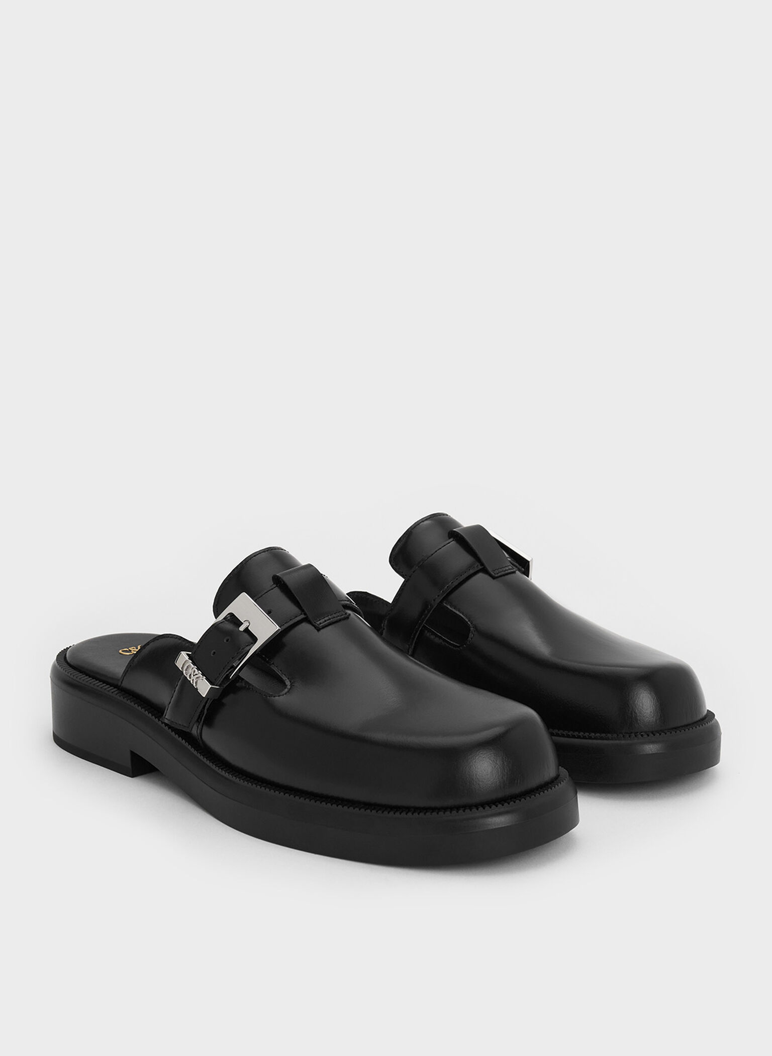 Leather Buckled Mules, Black, hi-res