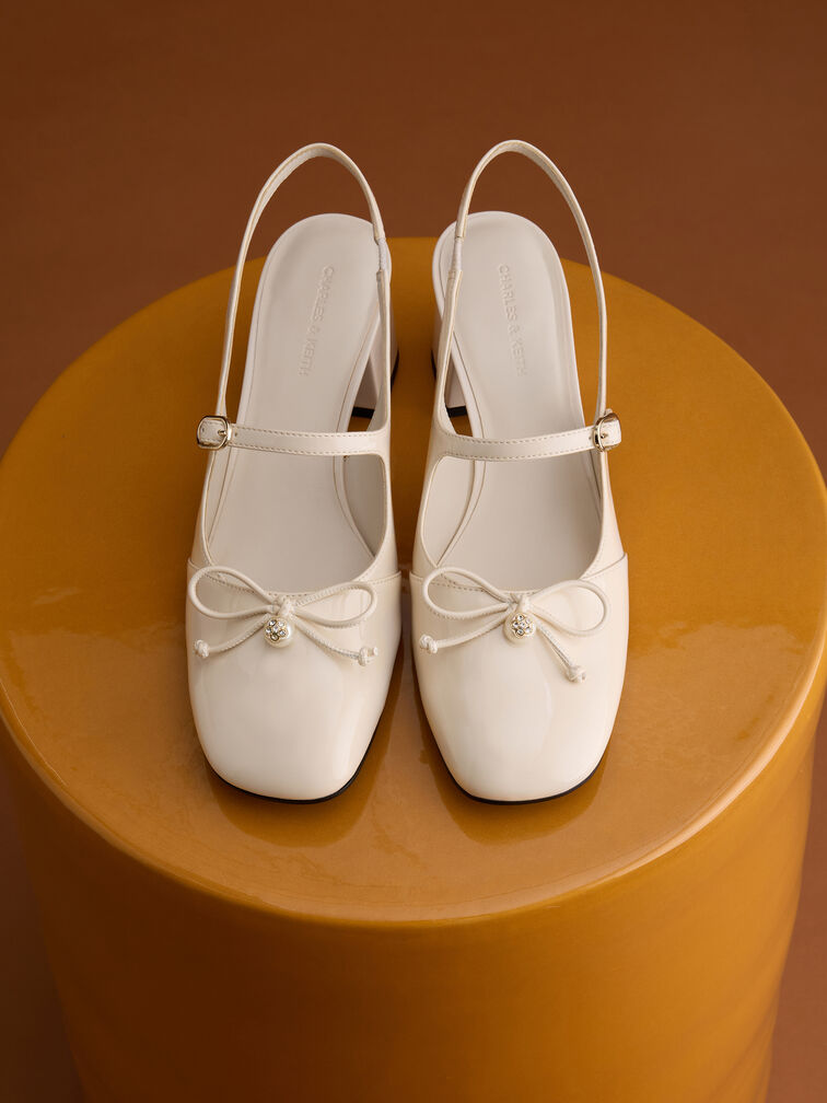Patent Bow Crystal-Pearl Slingback Mary Jane Pumps, Chalk, hi-res