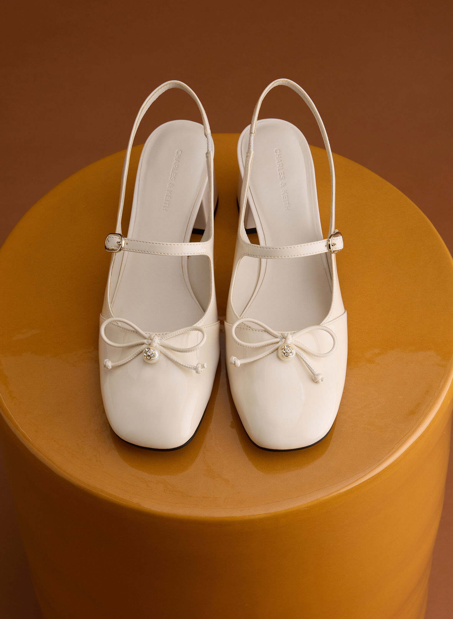 Patent Bow Crystal-Pearl Slingback Mary Jane Pumps, Chalk, hi-res