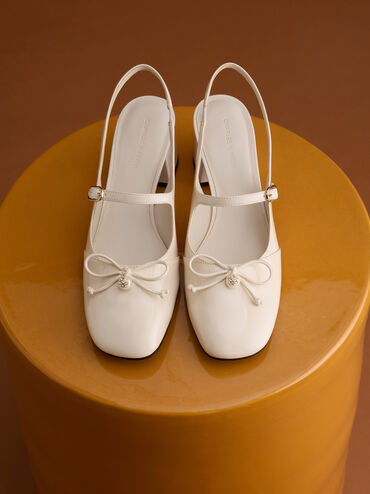 Patent Bow Crystal-Pearl Slingback Mary Jane Pumps, Chalk, hi-res