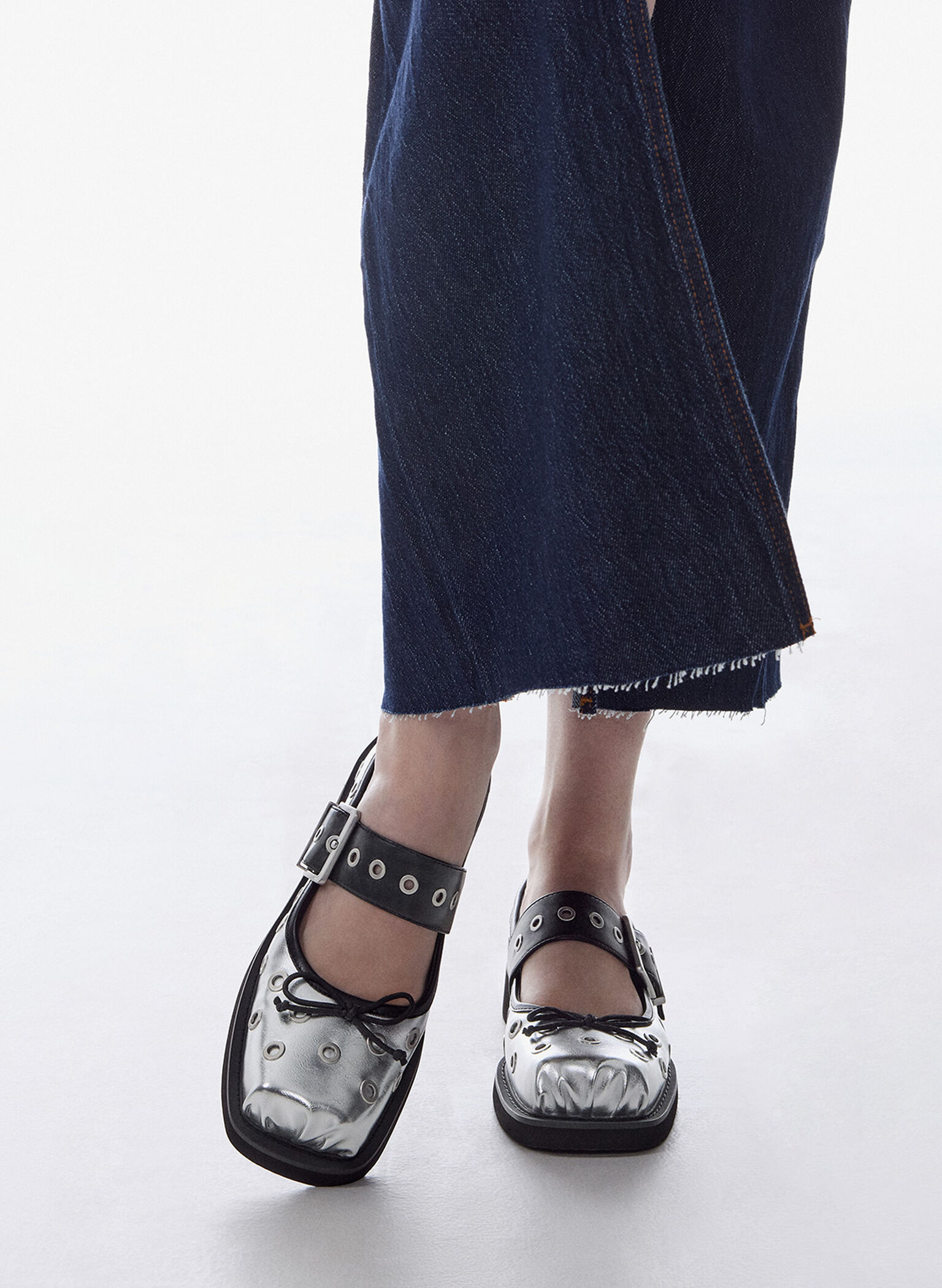 Metallic Grommet Buckled Mary Janes, Silver, hi-res