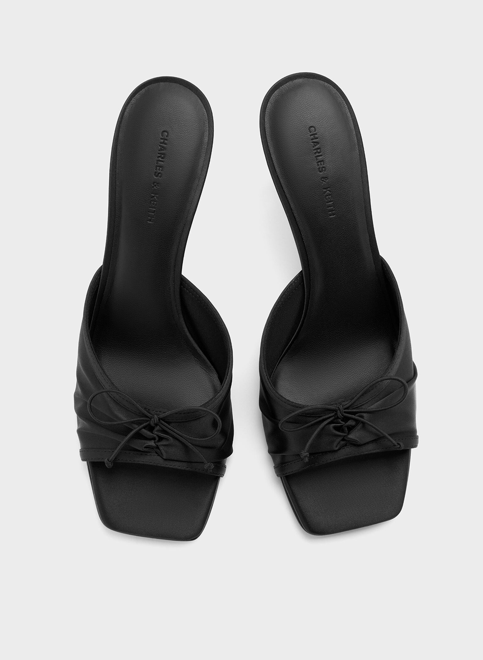 Satin Ruched Bow Heeled Mules, Black Textured, hi-res