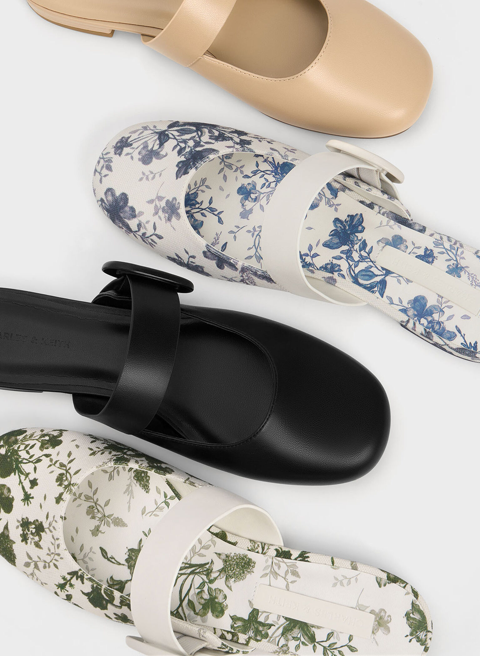 Floral-Print Oval-Buckle Flat Mules, Dark Blue, hi-res
