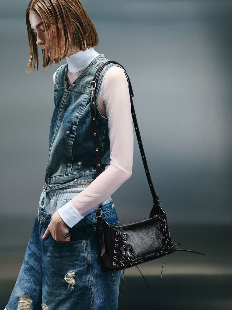 Xylia Grommet Lace-Up Shoulder Bag, Noir, hi-res
