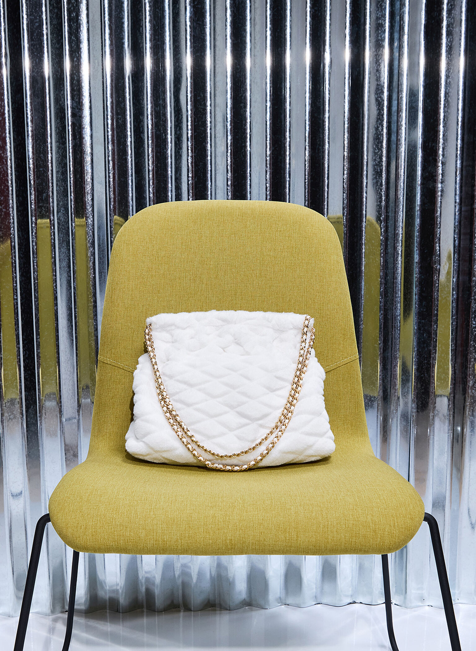 Duo Furry Chain-Handle Hobo Bag, White, hi-res