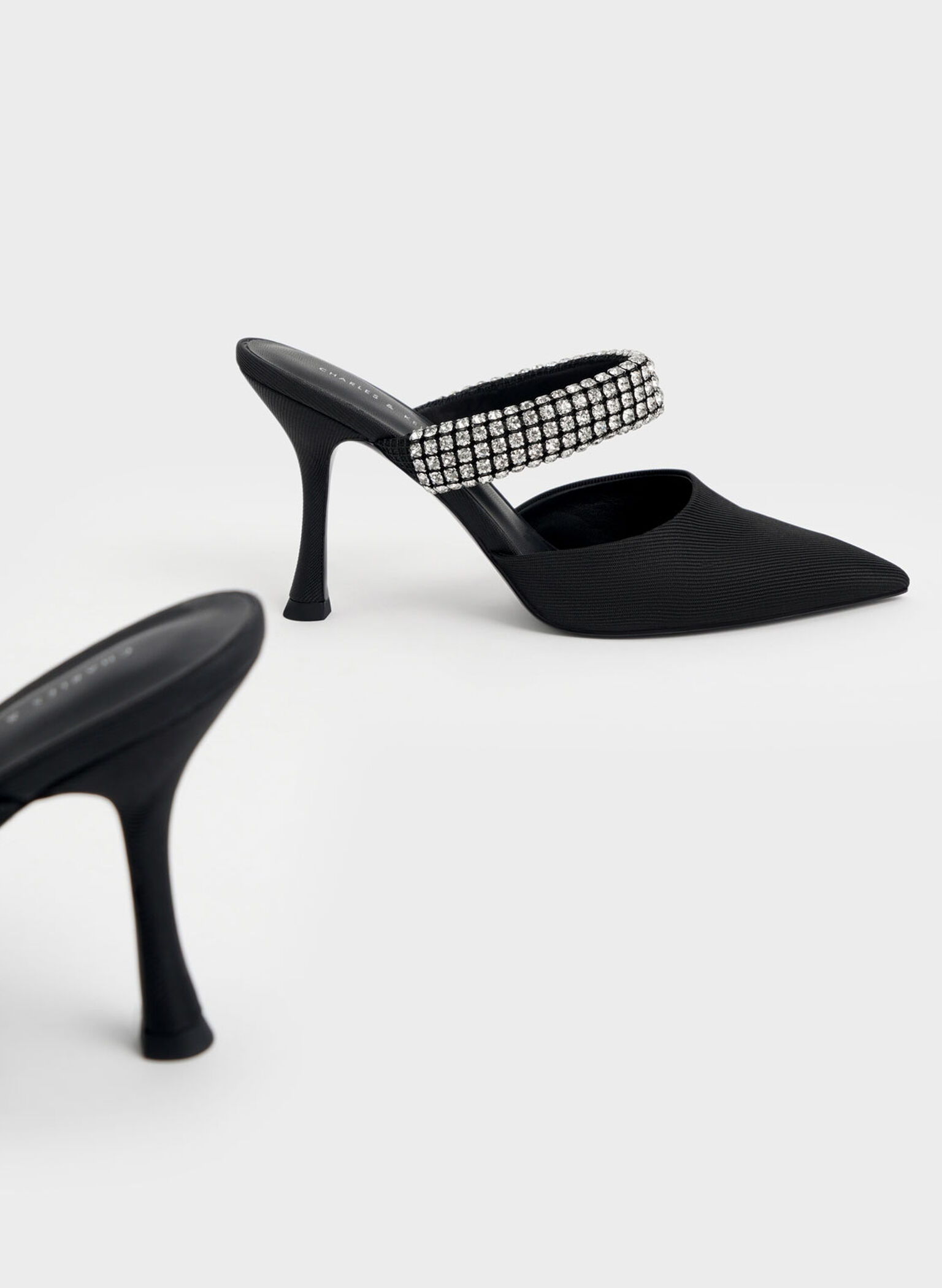 Gem-Embellished Strap Mules, Black, hi-res