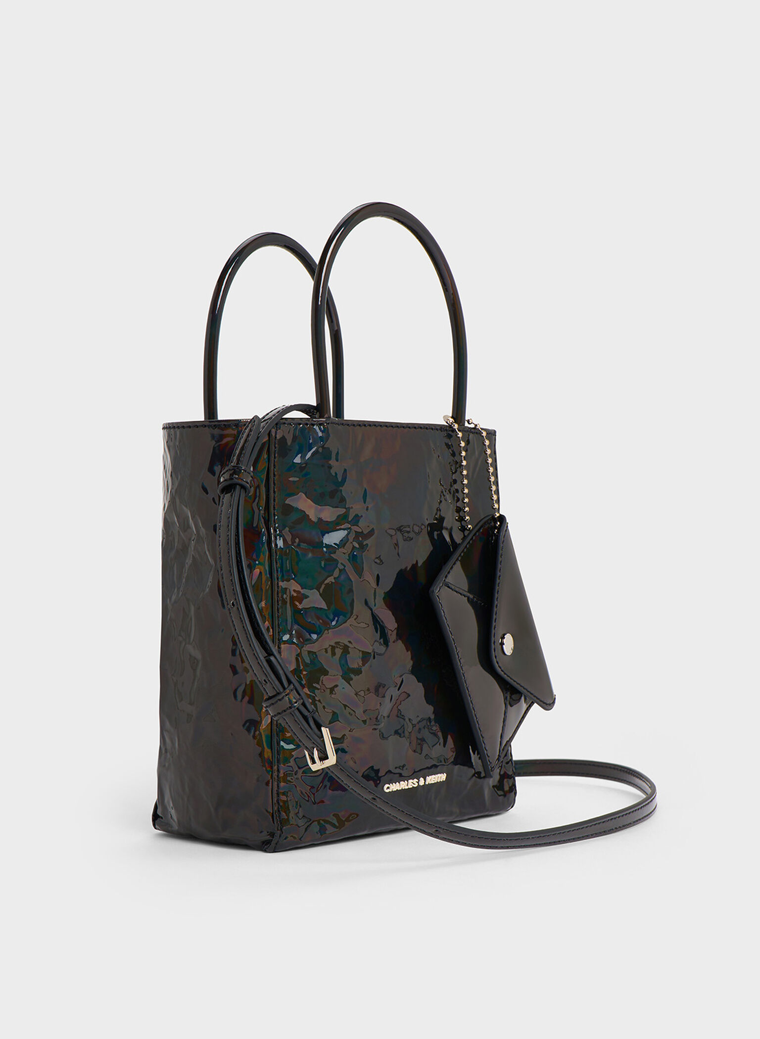 Matina Patent Crinkle-Effect Elongated Tote Bag, Prism Noir, hi-res