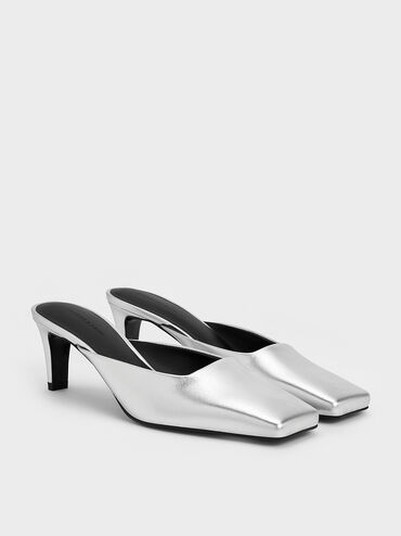 Metallic Square-Toe Blade-Heel Mules, Silver, hi-res