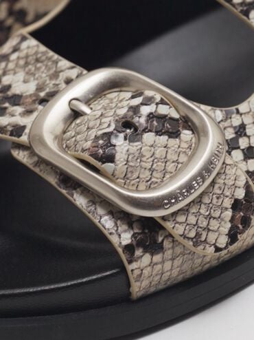 Snake-Print Buckled Double-Strap Slingback Sandals, Animal Print Natural, hi-res
