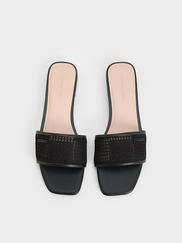 Mesh Knitted Slide Sandals, Black Textured, hi-res