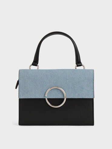 Textured Ring Detail Top Handle Bag, Denim Blue, hi-res