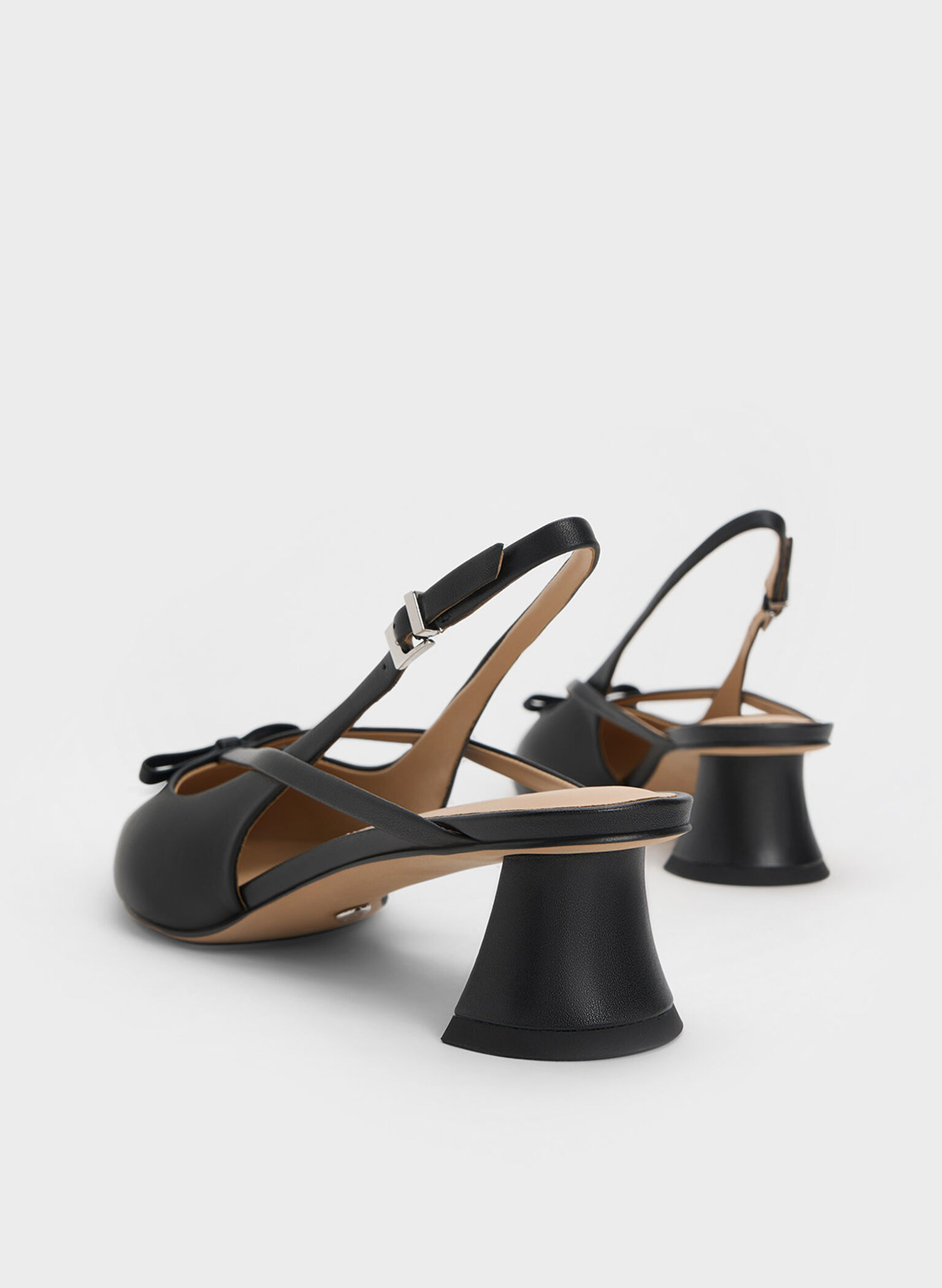 Leather Bow Strappy Slingback Pumps, Black, hi-res