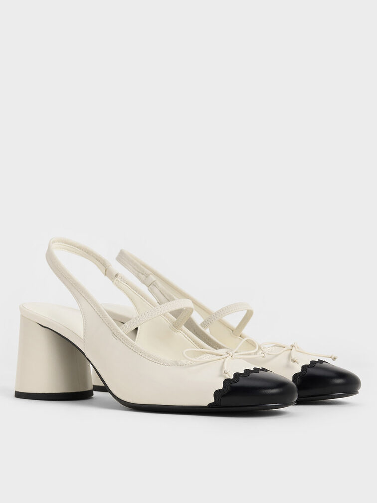 Two-Tone Bow Slingback Pumps, Cream, hi-res