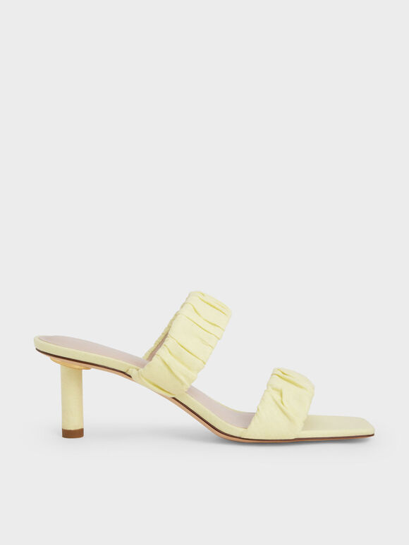 Linen Ruched Heeled Mules, Yellow, hi-res