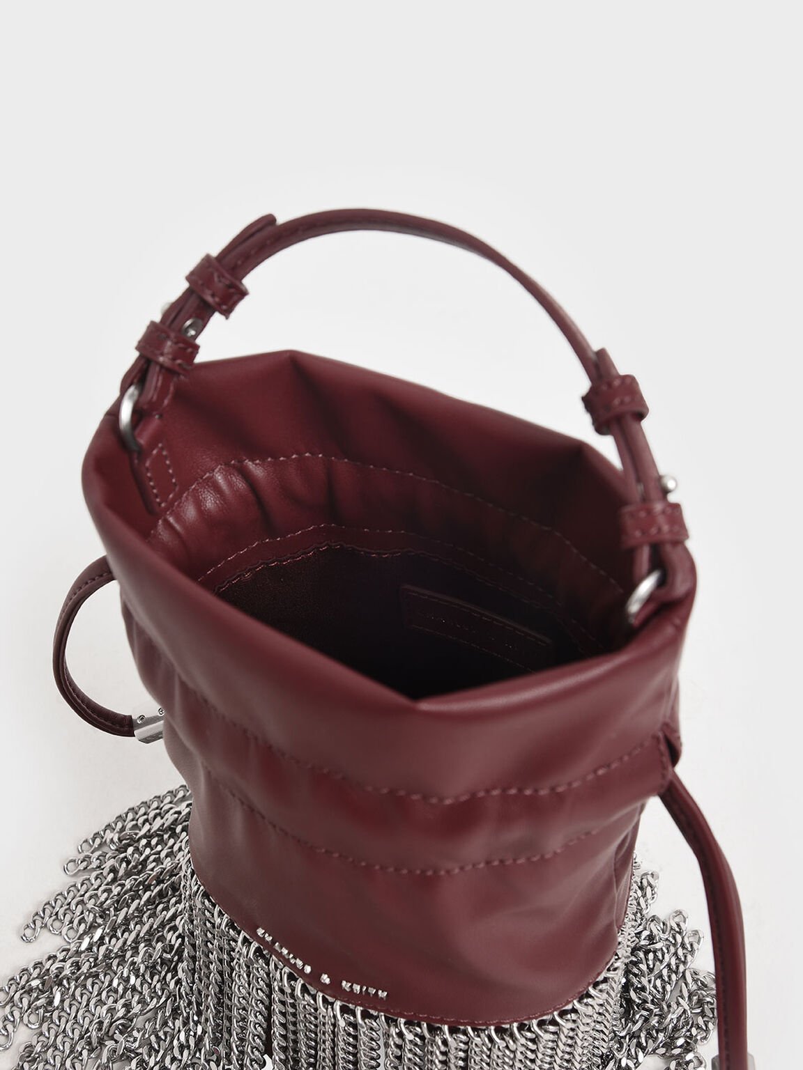 Chain Fringe Drawstring Bucket Bag, Burgundy, hi-res