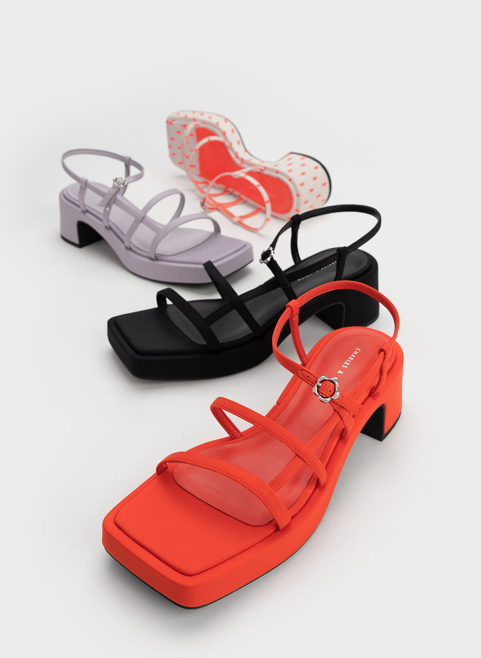 Selene Flower-Buckle Strappy Sandals, Black, hi-res