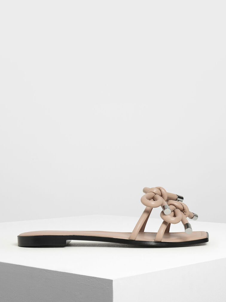Double Bow Slide Sandals, Nude, hi-res