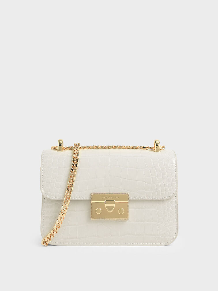 Alva Croc-Effect Chain Strap Crossbody Bag, Chalk, hi-res