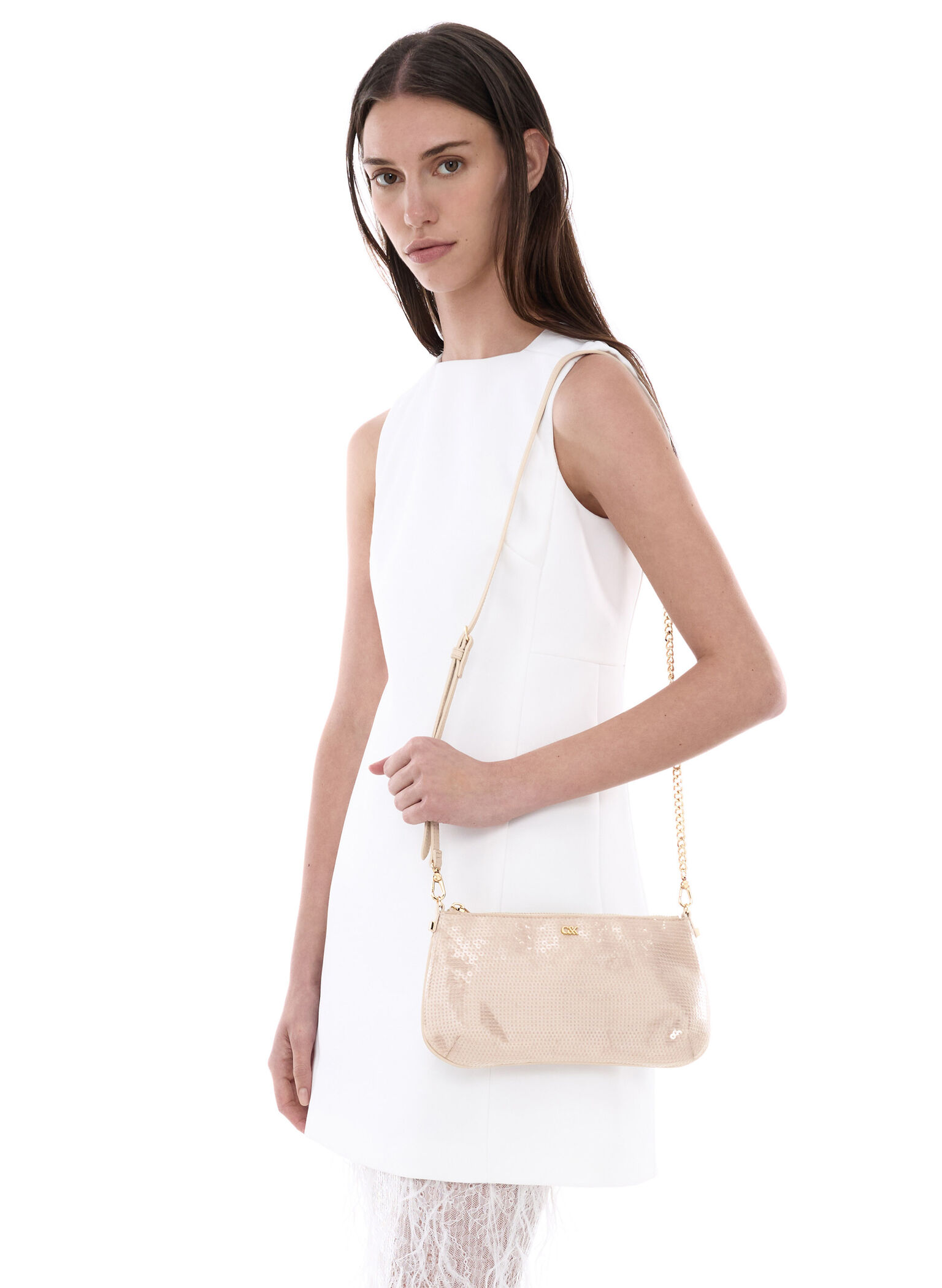 Sequin Mesh & Leather Shoulder Bag, Champagne Nude, hi-res