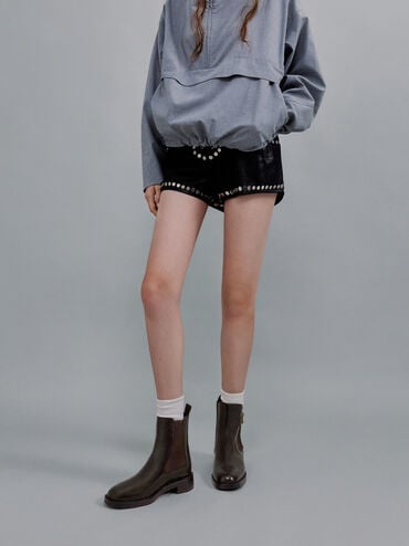 Lando Faux Suede Metallic-Buckle Chelsea Boots, Dark Brown, hi-res