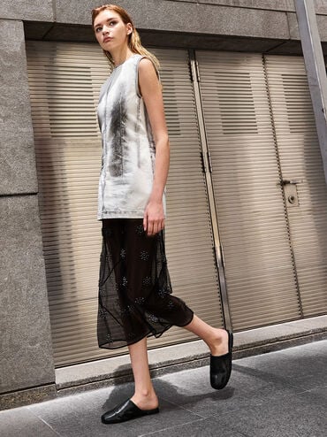 Padded Covered Flat Mules, Black, hi-res
