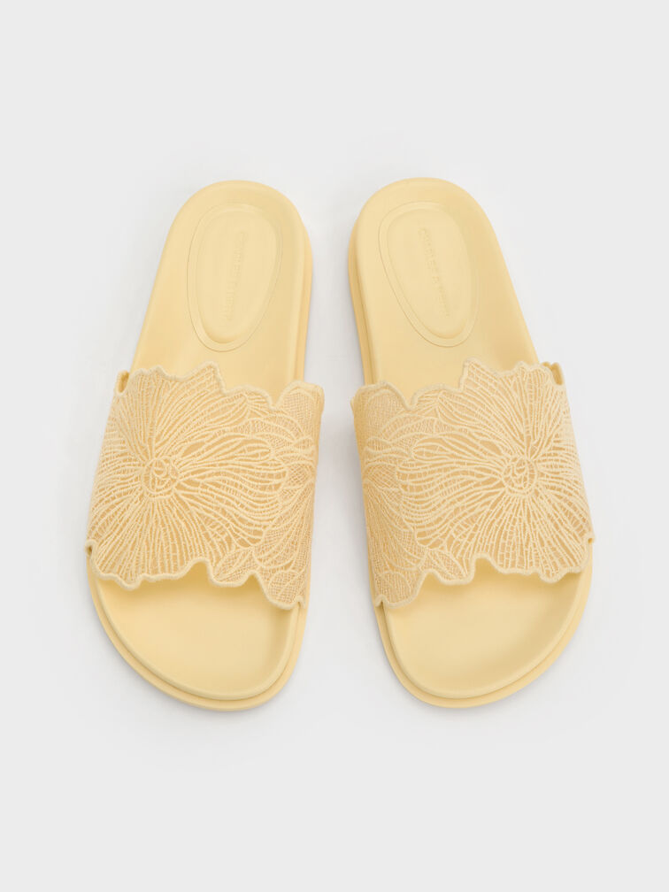 Crochet Floral Slide Sandals, Yellow, hi-res
