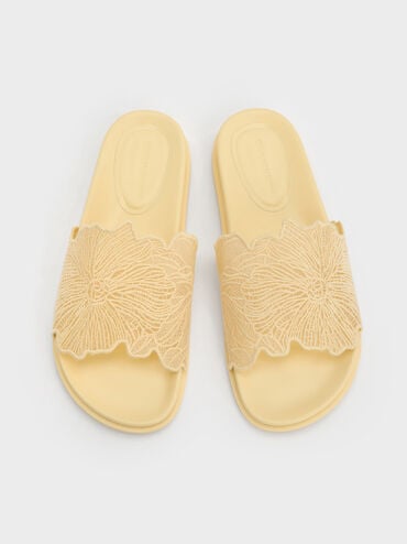 Crochet Floral Slide Sandals, Yellow, hi-res