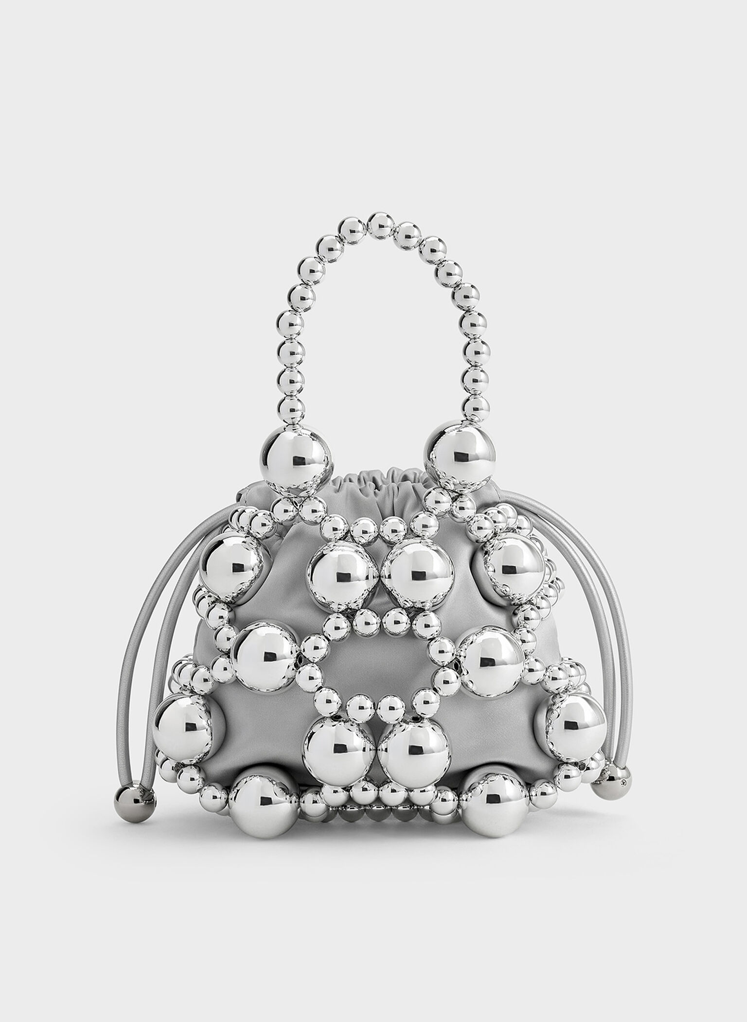 Metallic Beaded Top Handle Bag, Silver, hi-res