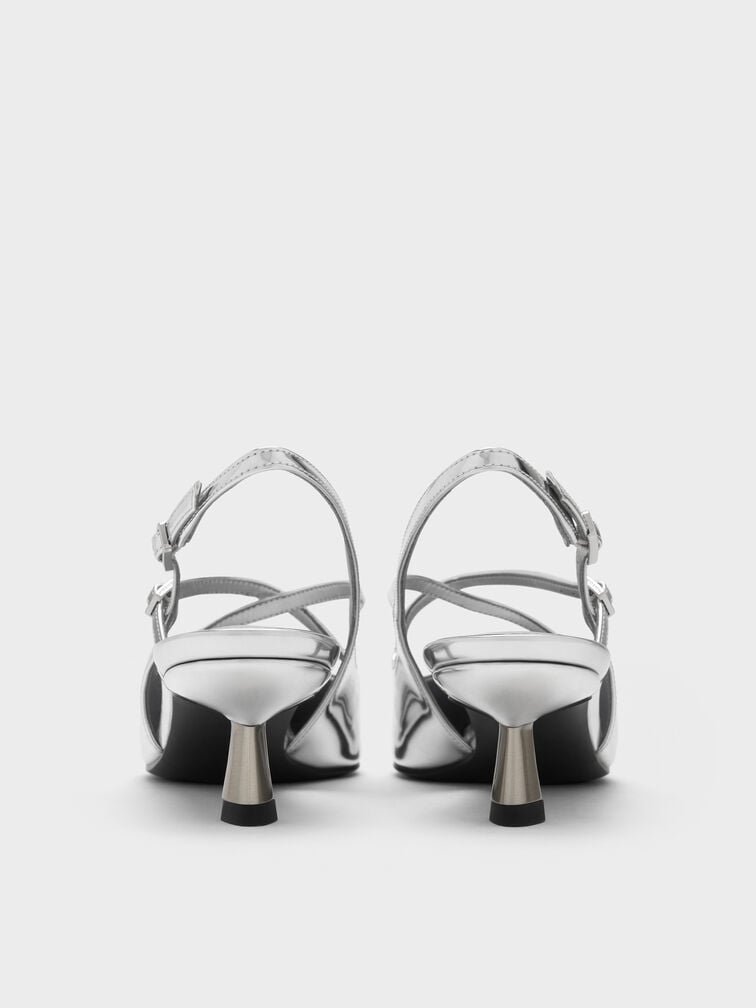 Pauline Metallic Crossover Slingback Kitten Heels, Silver, hi-res