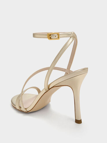 Metallic Asymmetric Strappy Heeled Sandals, Gold, hi-res