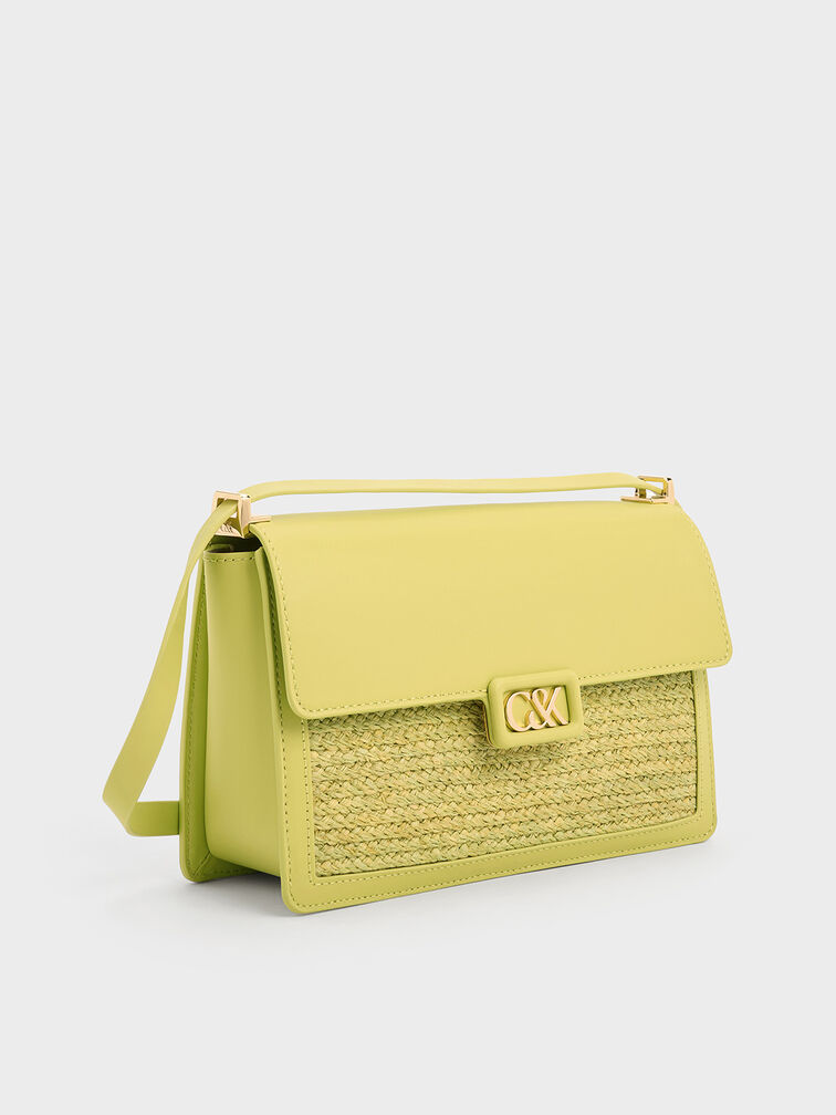 Leather & Raffia Shoulder Bag, Lime, hi-res