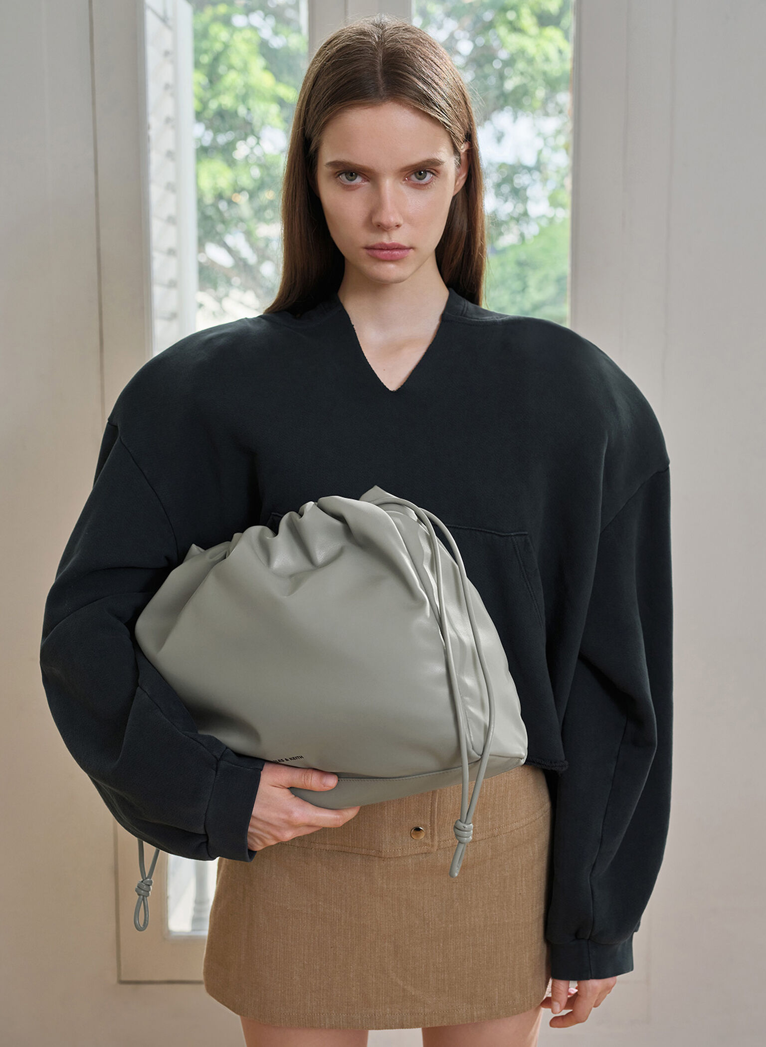 Bethel Ruched Drawstring Tote Bag, Grey, hi-res