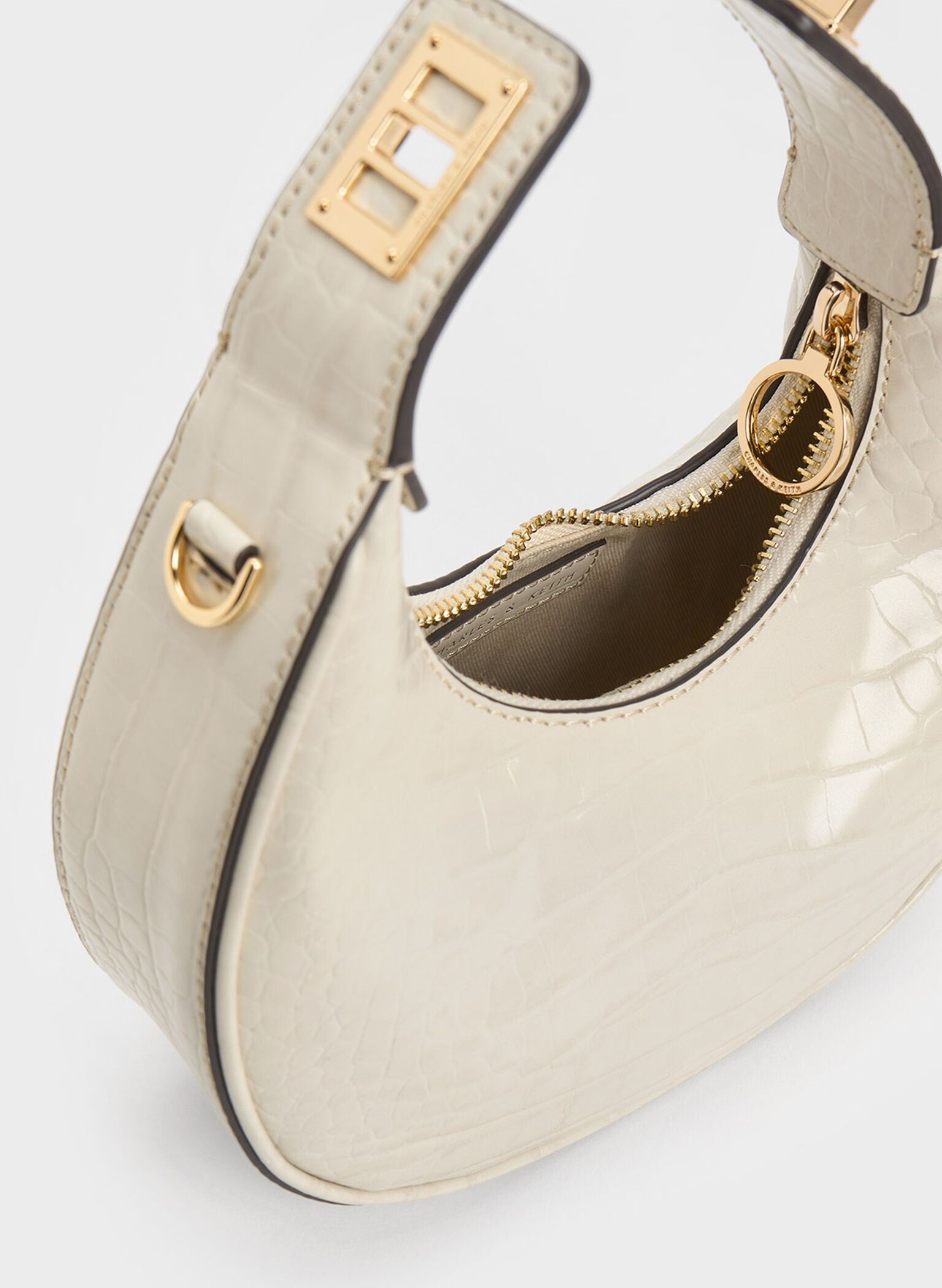Mini Croc-Effect Moon Bag, Ivory, hi-res