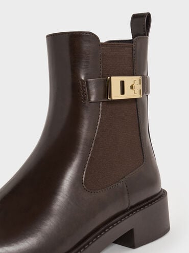 Lando Faux Suede Metallic-Buckle Chelsea Boots, Dark Brown, hi-res