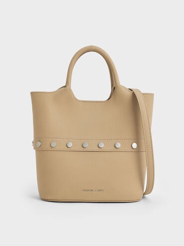 Bobbie Twill Studded Convertible Two-Way Bucket Bag, Toasted Sand, hi-res