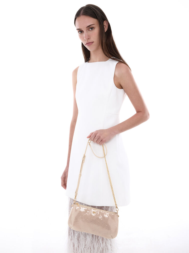 Sequin Mesh & Leather Shoulder Bag, Champagne Nude, hi-res