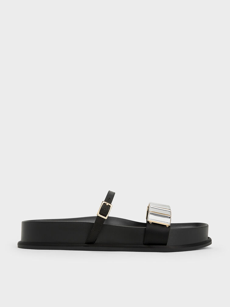 Satin Crystal-Embellished Double-Strap Sandals, Black Textured, hi-res