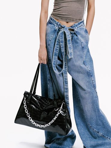 Andromeda Croc-Effect Chunky-Chain Trapeze Tote Bag, Noir, hi-res