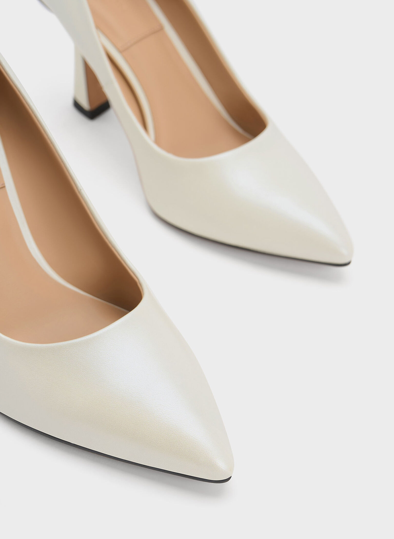 Leather Flared Heel Pumps, White, hi-res