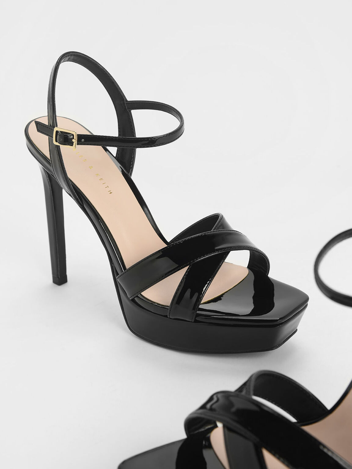Black Criss Cross Ankle Strap Patent Platform Heels