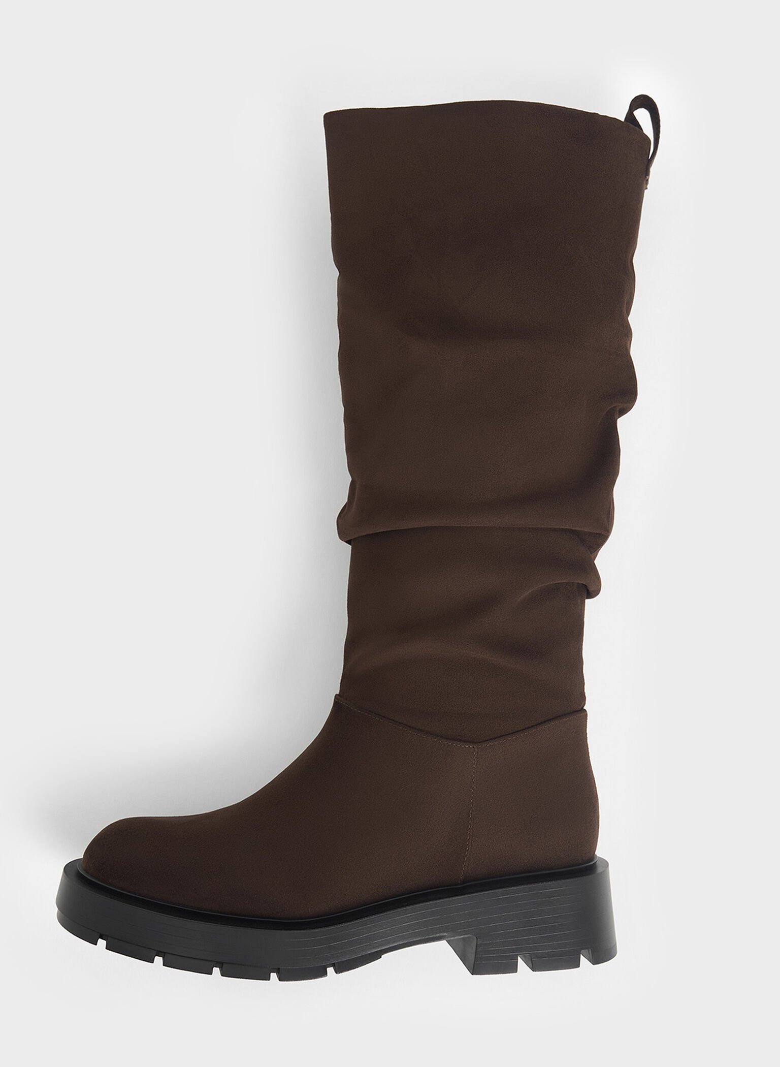 Faux Suede Ruched Knee-High Boots, Brown, hi-res