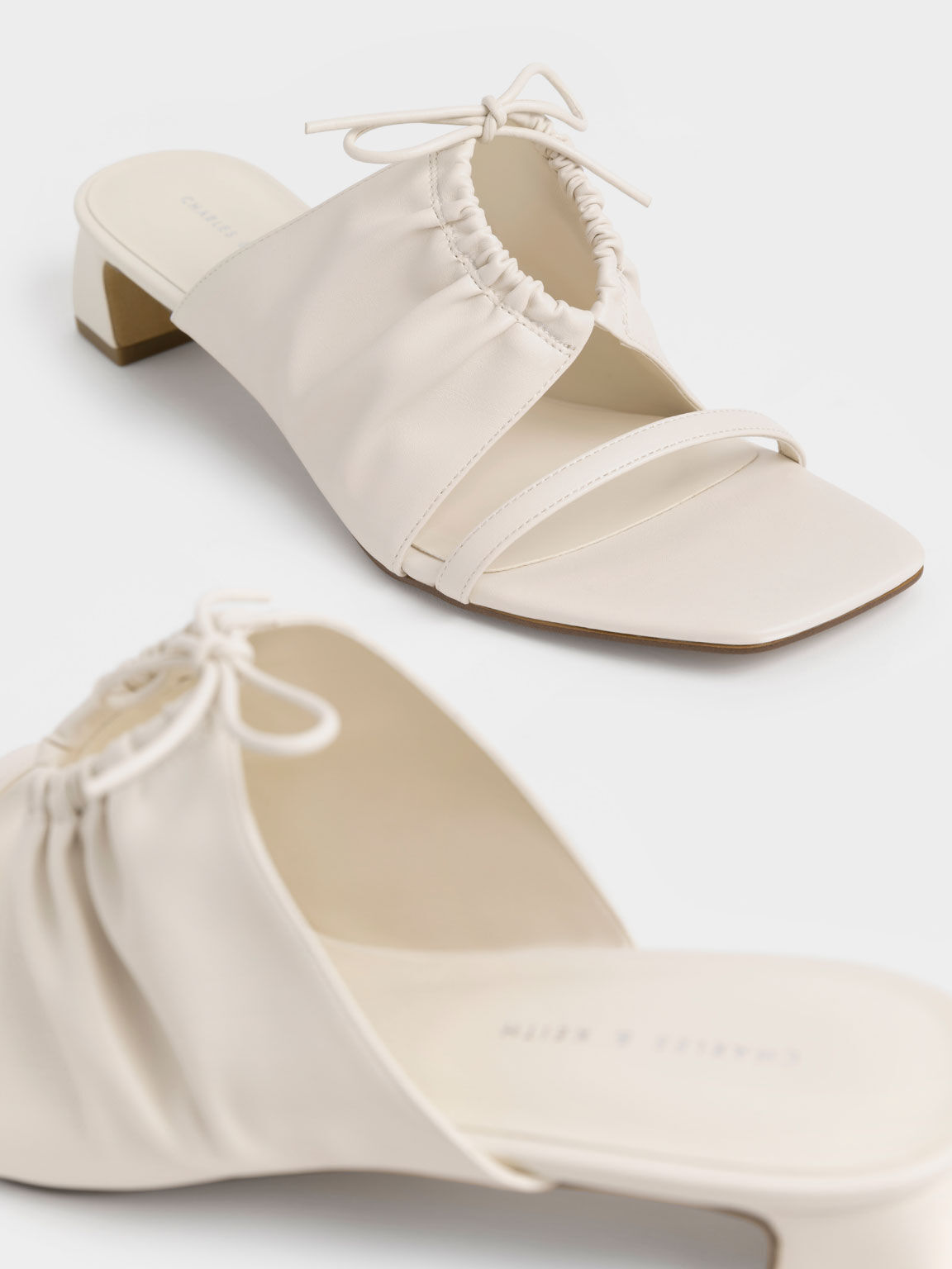 Bow-Tie Ruched Heeled Mules, Cream, hi-res