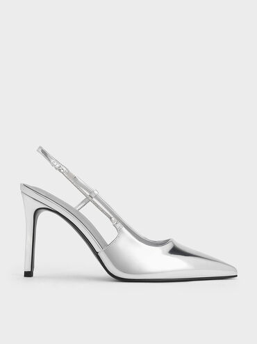 Metallic Chain-Strap Pointed-Toe Slingback Pumps, Silver, hi-res