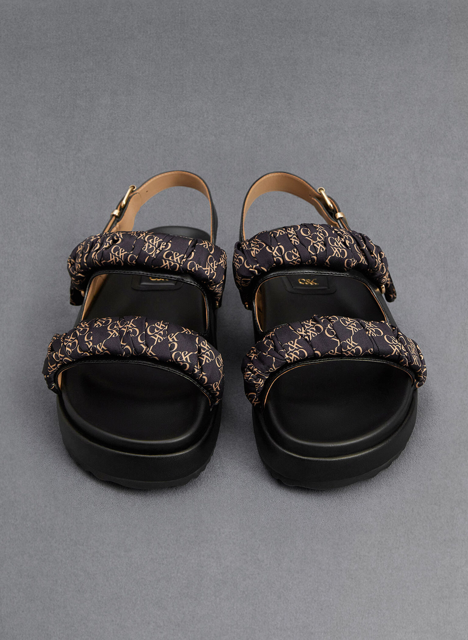 Tully Leather Ruched-Strap Sandals, Black, hi-res