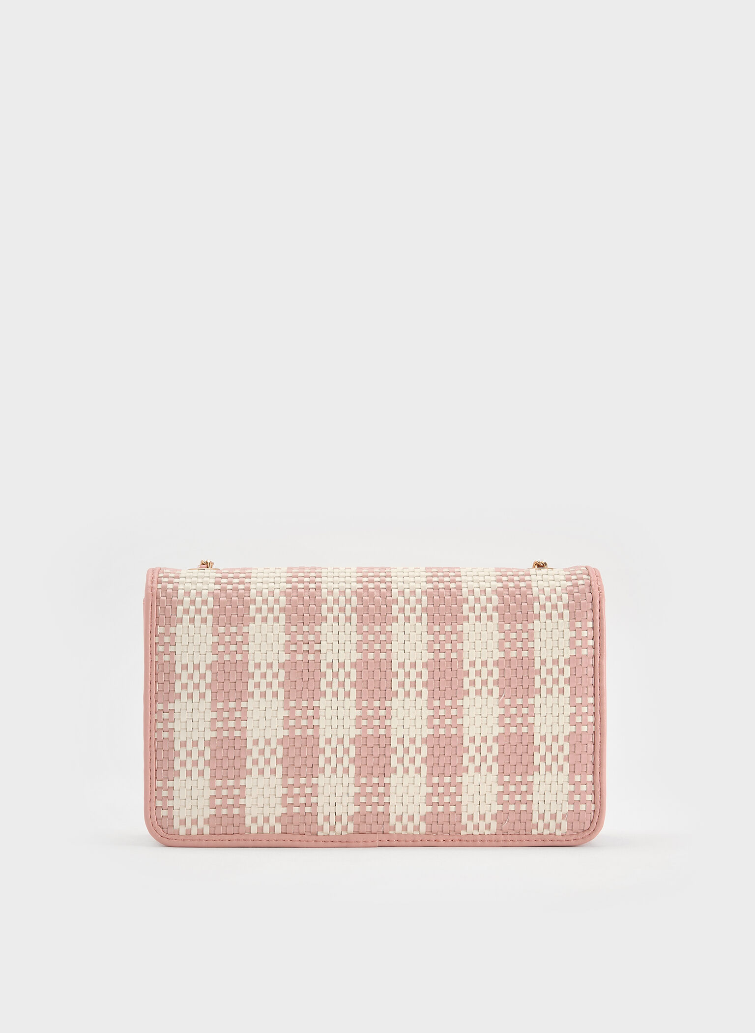 Alessia Checkered Pearl-Embellished Wallet on Chain, Light Pink, hi-res