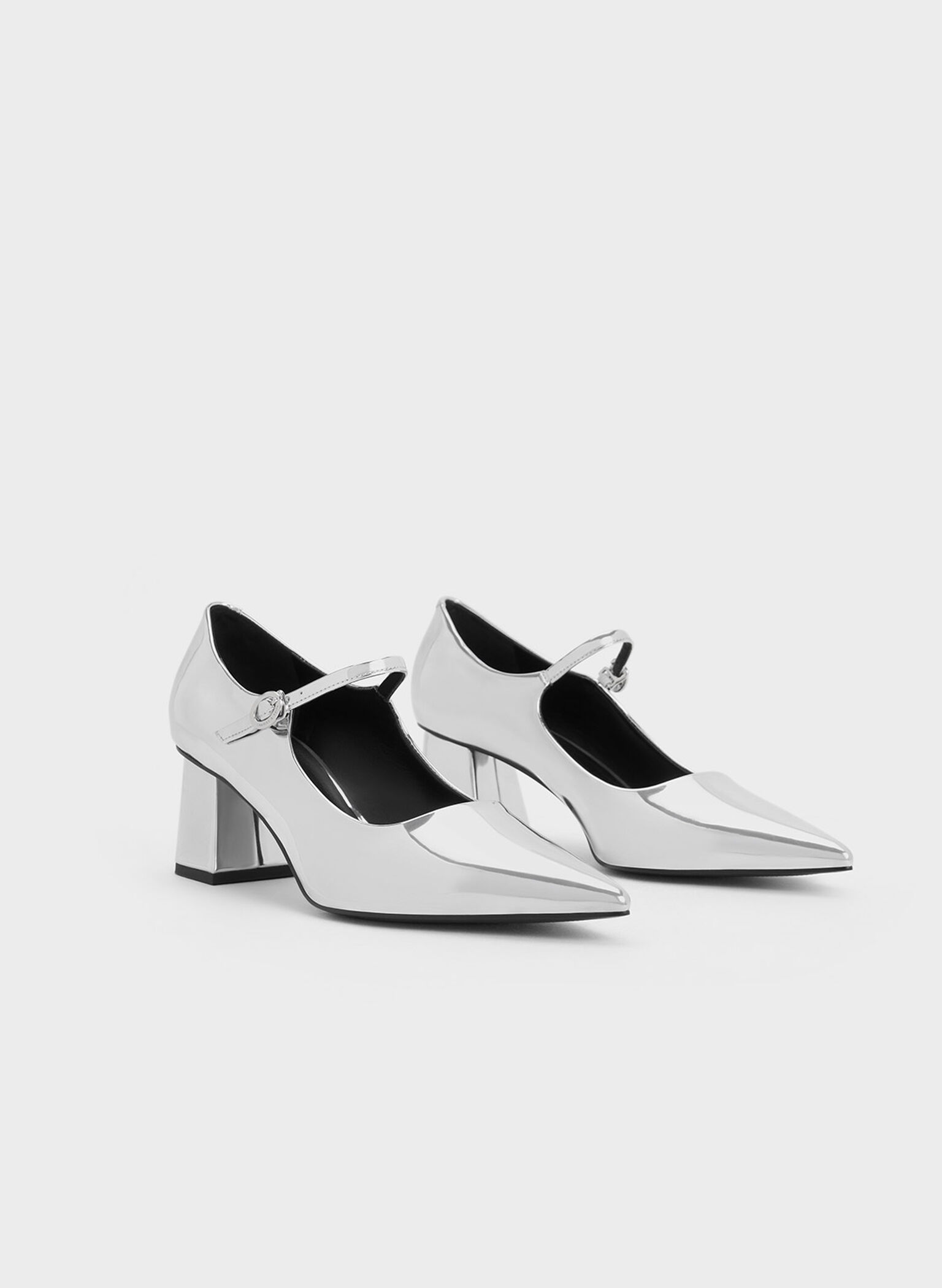 Metallic Pointed-Toe Mary Jane Pumps, Silver, hi-res