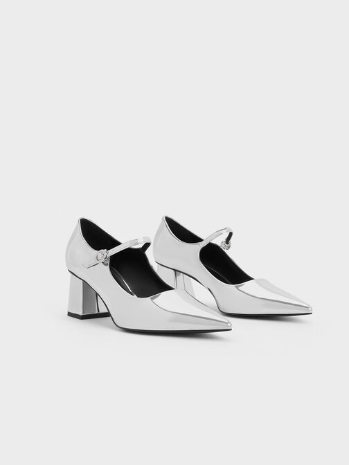 Metallic Pointed-Toe Mary Jane Pumps, Silver, hi-res