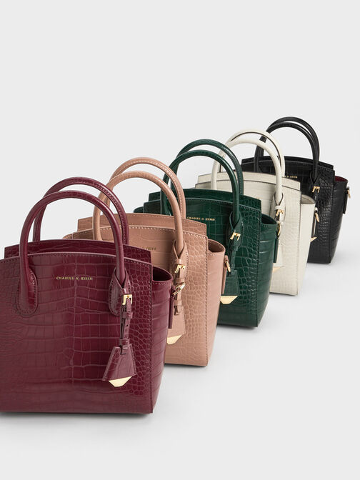 Croc-Effect Trapeze Tote Bag, Ivory, hi-res